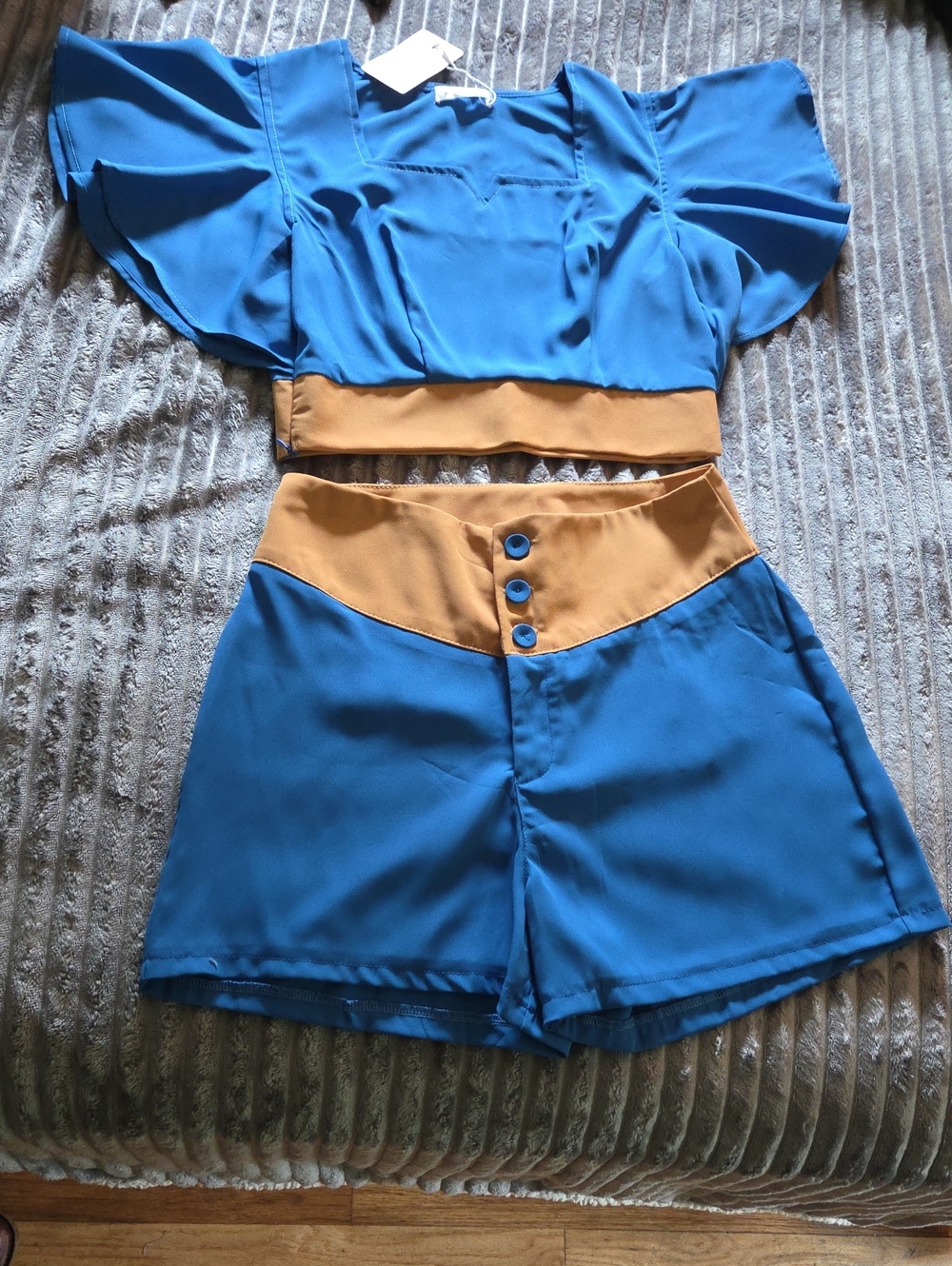 Blue and Tan Two-Piece Romper Set